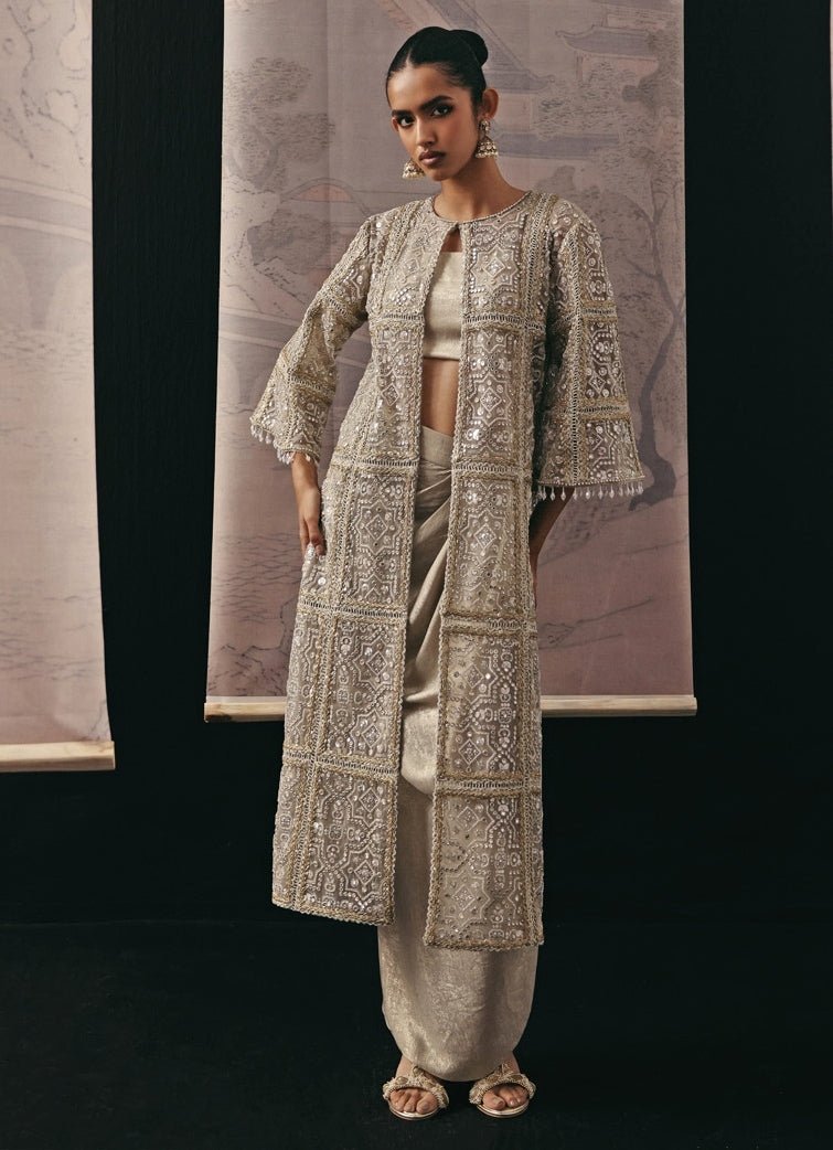 Silver Lycra Drape Skirt Set With Jacket