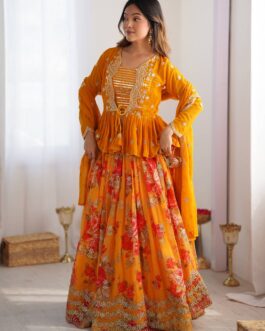Women Stunning Mustard Yellow Printed Georgette Crop Top Lehenga With Jacket