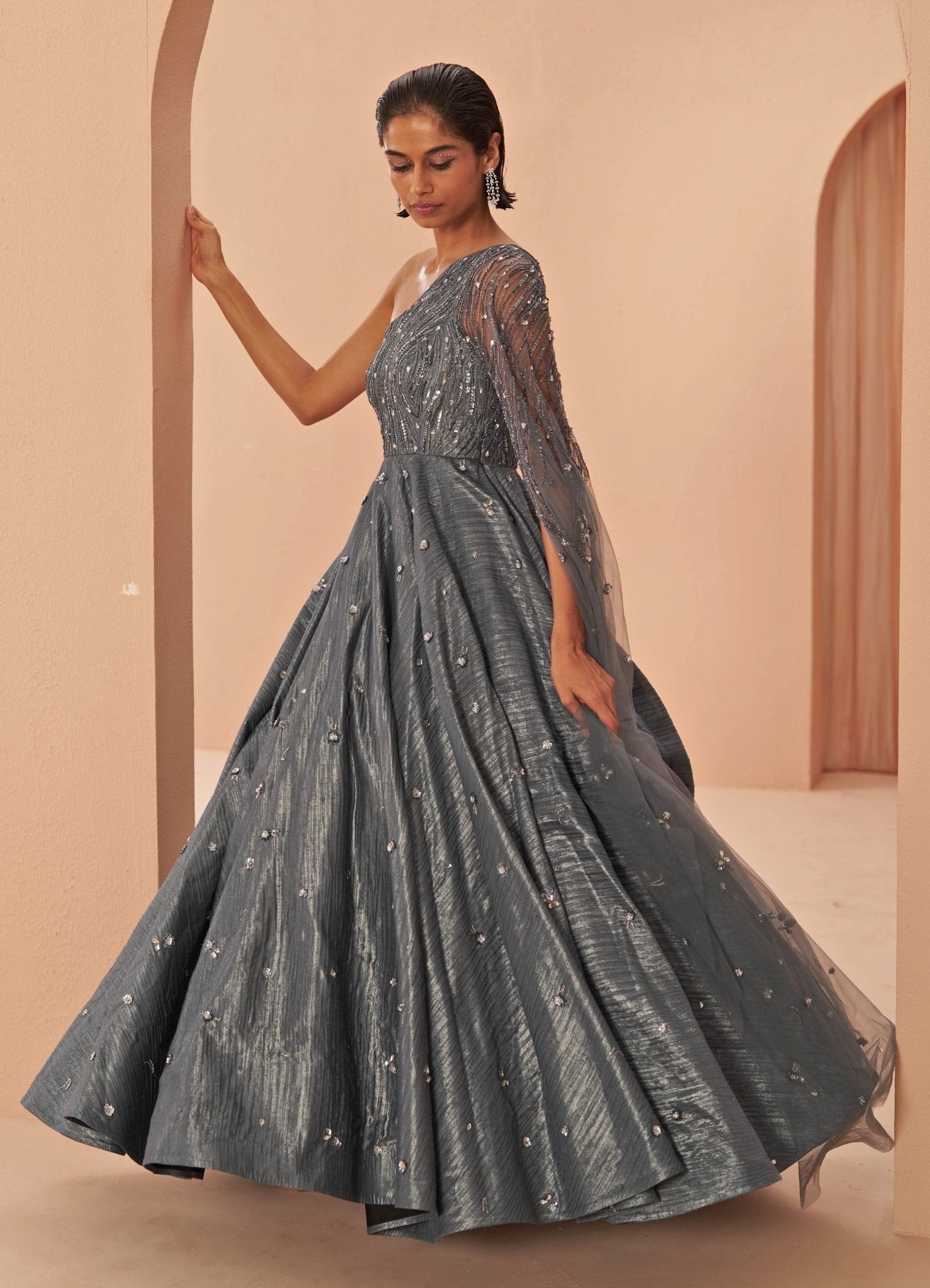 Steel Grey Mirage Crushed One Shoulder Gown