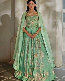 Tiffany Blue Silk Lehenga With Corset Blouse