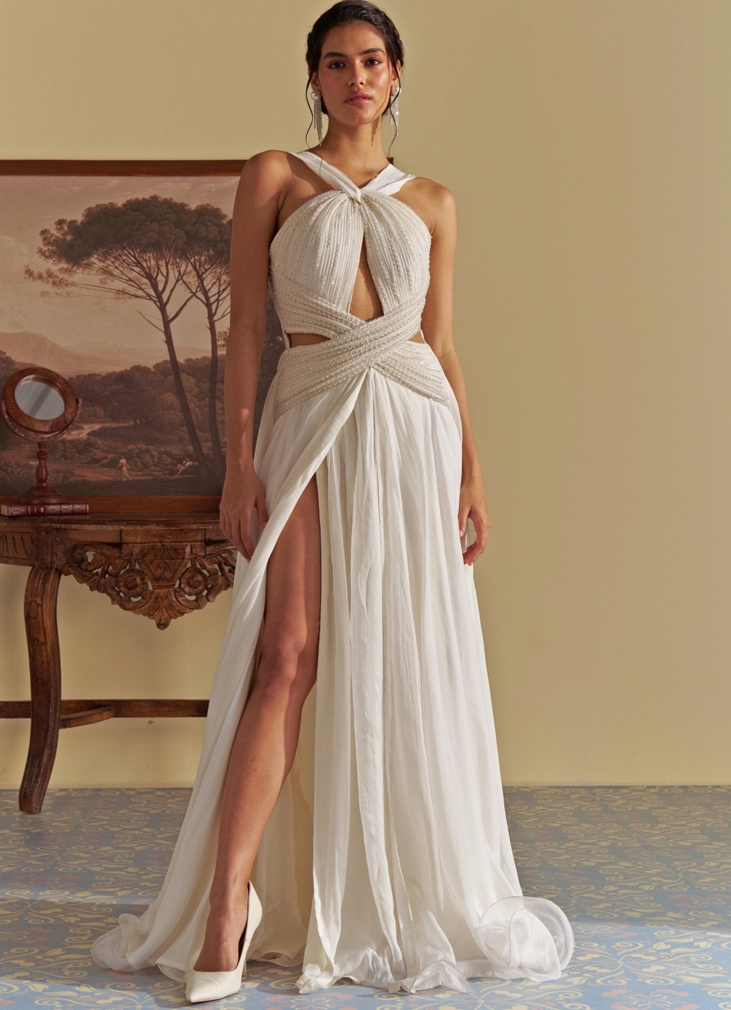White Pearl Embroidered Organza Gown