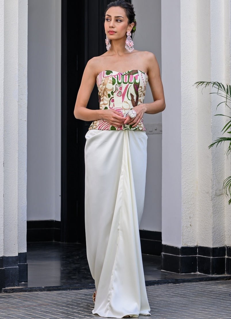 White Satin Dhoti Skirt Set With Printed Corset
