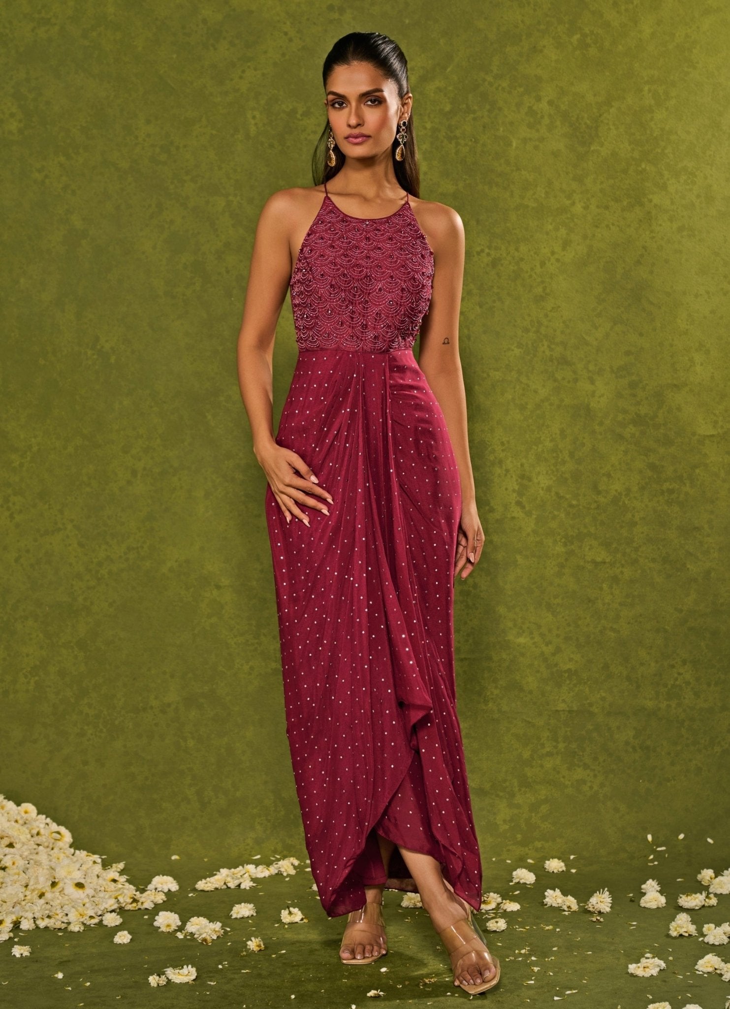 Wine Raw Silk Cascade Gown