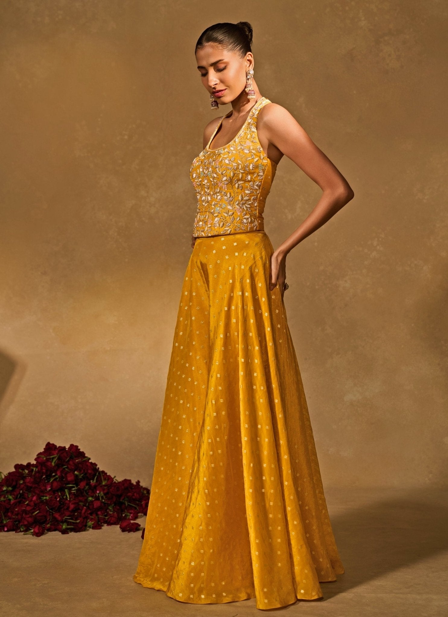 Yellow And Blue Jamewar Pants Set With Corset