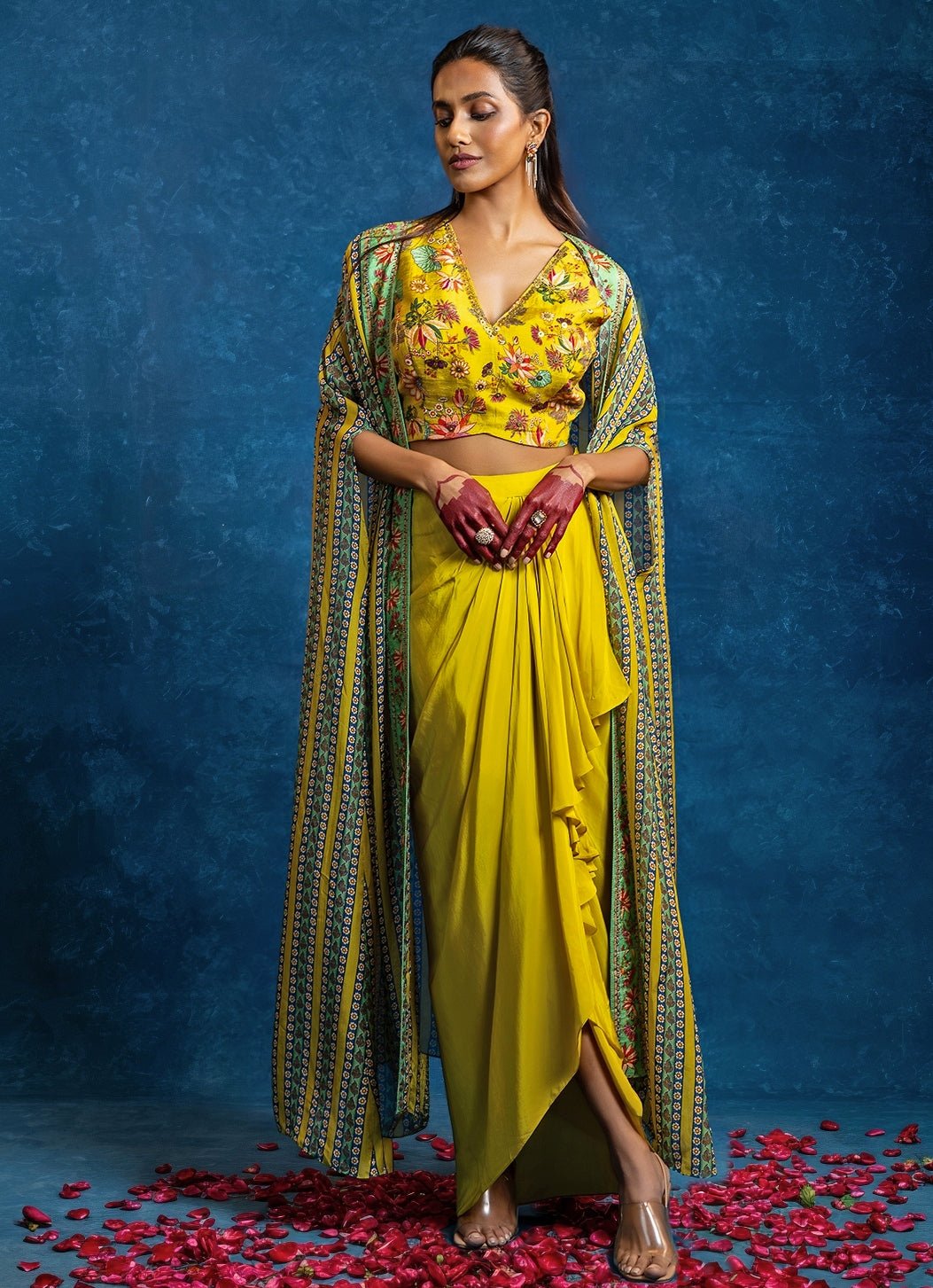 Yellow Embroidered Crepe Drape Skirt Set With Cape