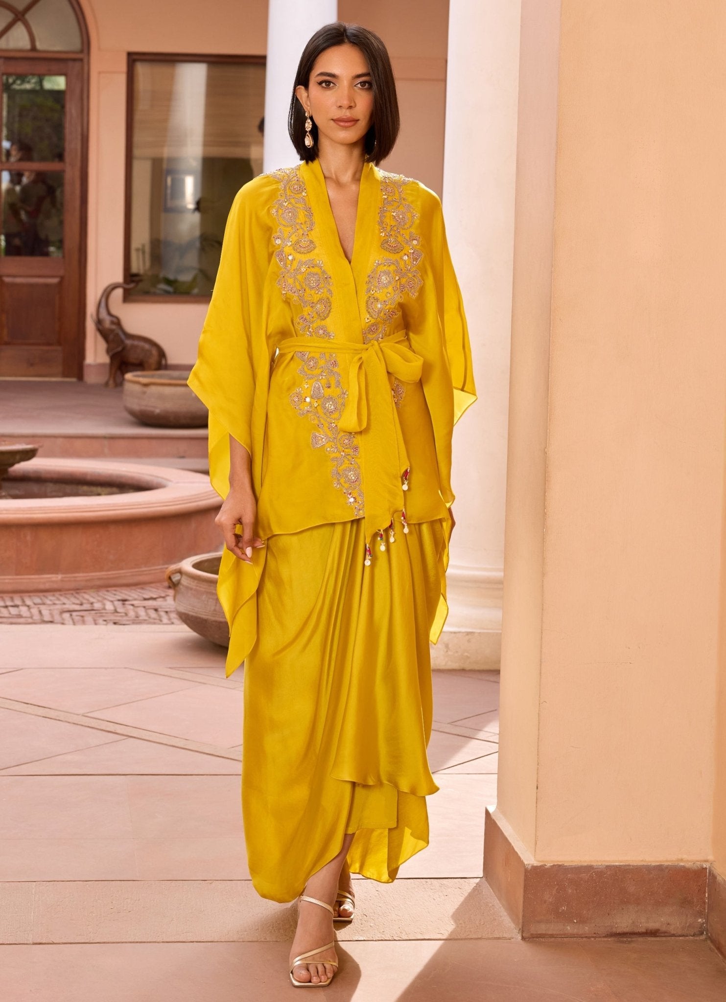 Yellow Embroidered Kimono Top With Drape Skirt