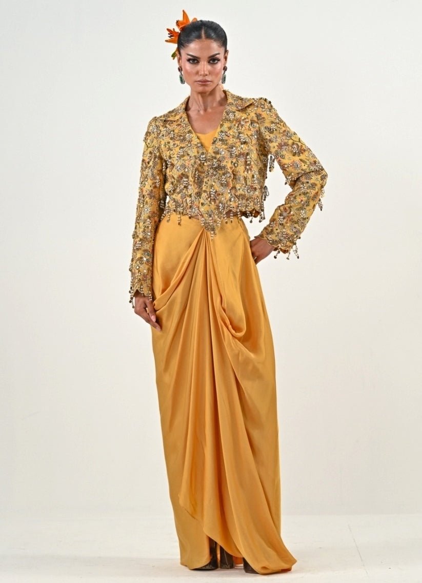 Yellow Embroidered Silk Satin Dhoti Set With Jacket