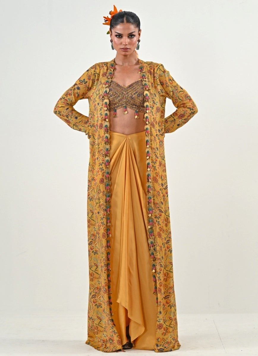 Yellow Silk Satin Dhoti Set With Embroidered Cape