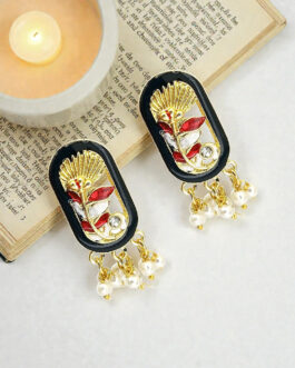 Women Gold Plated Black Enamel Floral Elongated Drop Earrings