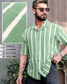 Popcorn Knit Vertical Stripe Green Half Sleeve Shirt