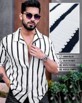Popcorn Knit Vertical Stripe White Half Sleeve Shirt
