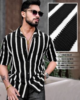 Popcorn Knit Vertical Stripe Black Half Sleeve Shirt