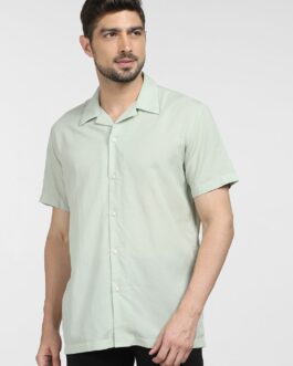 Green Cuban Collar Short Sleeves Shirt