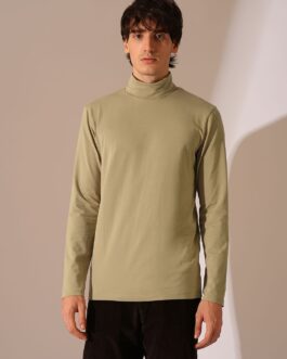 Beige Organic Cotton Roll Neck T-Shirt