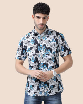 Ashley Cotton Half Sleeves Shirt In Black/ Blue Floral Print