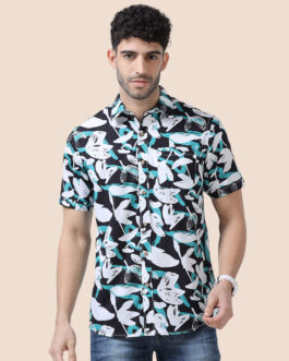 Ashley Cotton Half Sleeves Shirt In Teal / Black Abstract Print