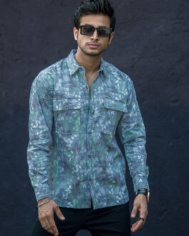 Double Pocket Leaf Printed Blue Half Sleeve Shirt
