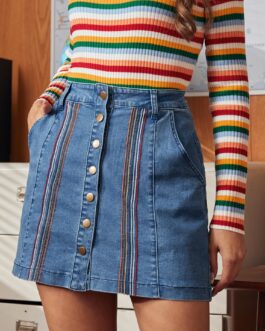 A Spring Fling Button Down A-Line Jean Skirt