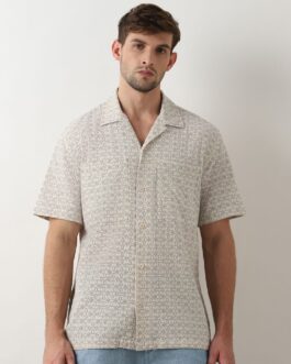 Beige Printed Cuban Collar Short Sleeves Shirt