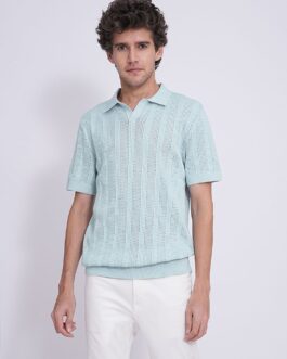 Blue Crochet Organic Cotton Knit Polo