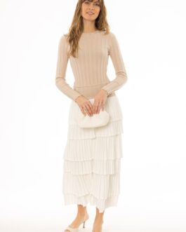 Tan Accordion Pleat Ruffle Maxi Skirt