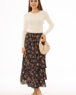 Black Multi Print Side Ruffle Maxi Skirt