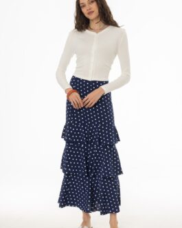 Navy Polka Dot Ruffle Maxi Skirt