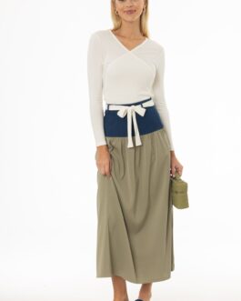 Olive Denim Combo Maxi Skirt