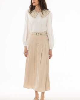 Tan Pleated Satin Maxi Skirt