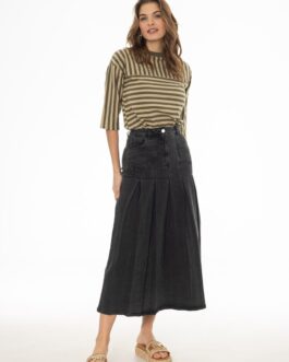 Black Pocket Pleated Denim Skirt