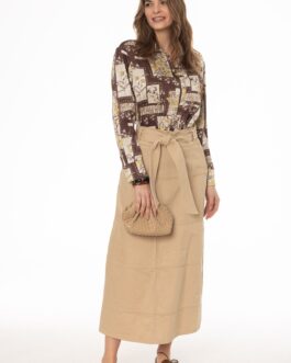 Tan Denim Belted A-Line Maxi Skirt