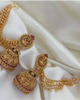 Women Antique Gold Temple Jhumka Earrings - Traditional South n Wedding Jewelry Set With Ear Chain