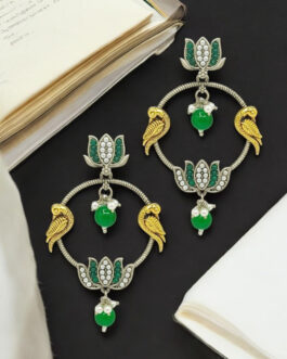 Women Silver-Plated Kundan Studded Lotus Tribal Drop Earrings