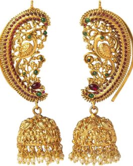 Women Exquisite Gold-Plated Peacock Jhumka Earrings With Ruby And Emerald Accents