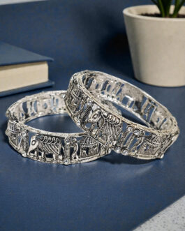 Women Set Of 2 Silver Oxidised Cz Elephant & Bride Doli Motif Bangles