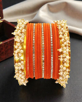 Women Set Of 17 Gold Plated Cz Orange Velvet Chuda Set