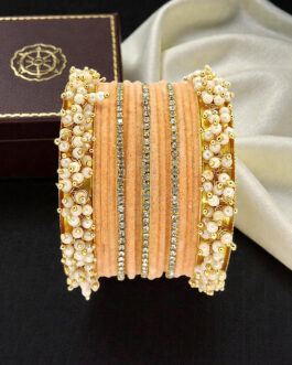 Women Set Of 17 Gold Plated Cz Peach Velvet Chuda Set