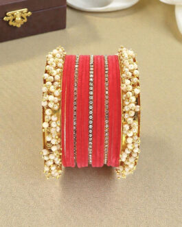 Women Set Of 17 Gold Plated Cz Pink Velvet Bridal Chuda Set