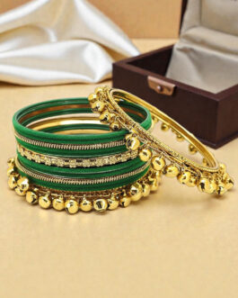 Women Set Of 13 Gold Plated Ghungroo Green Velvet Chuda Set