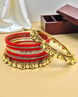 Women Set Of 13 Gold Plated Ghungroo Red Velvet Chuda Set