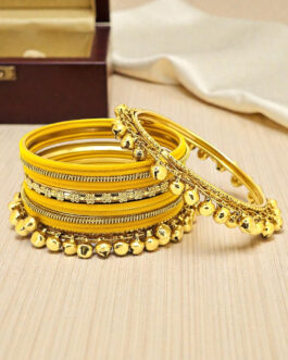 Women Set Of 13 Gold Plated Ghungroo Yellow Velvet Chuda Set