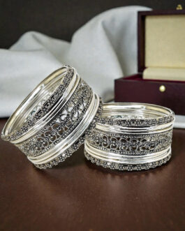Women Silver Oxidised Set Of 18 Cutwork Pattern Bangle Set
