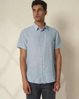 Blue Linen Cuban Collar Shirt