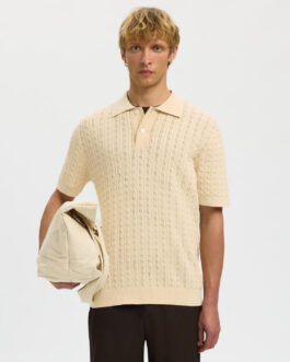 Organic Cotton Cable Knit Polo - Beige
