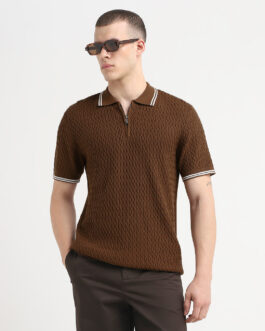 Structured Knitted Zip Polo - Brown