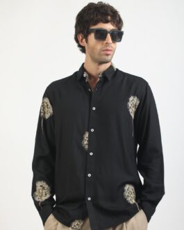 Blowball Flower Embroidery Black Full Sleeve Shirt