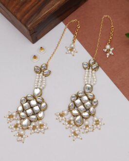 Women Gold Tone White Beads Kundan Kanauti Earrings