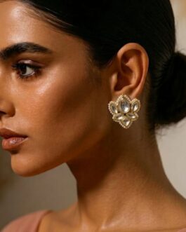 Women White Lotus Bloom Kundan Studs