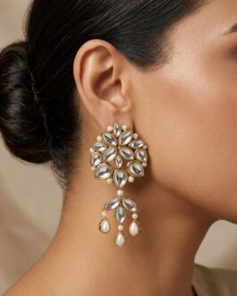 Women White Imperial Pearl & Kundan Chandelier Earrings