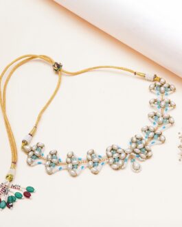 Women Blue&White Aqua Pearl Kundan Floral Necklace